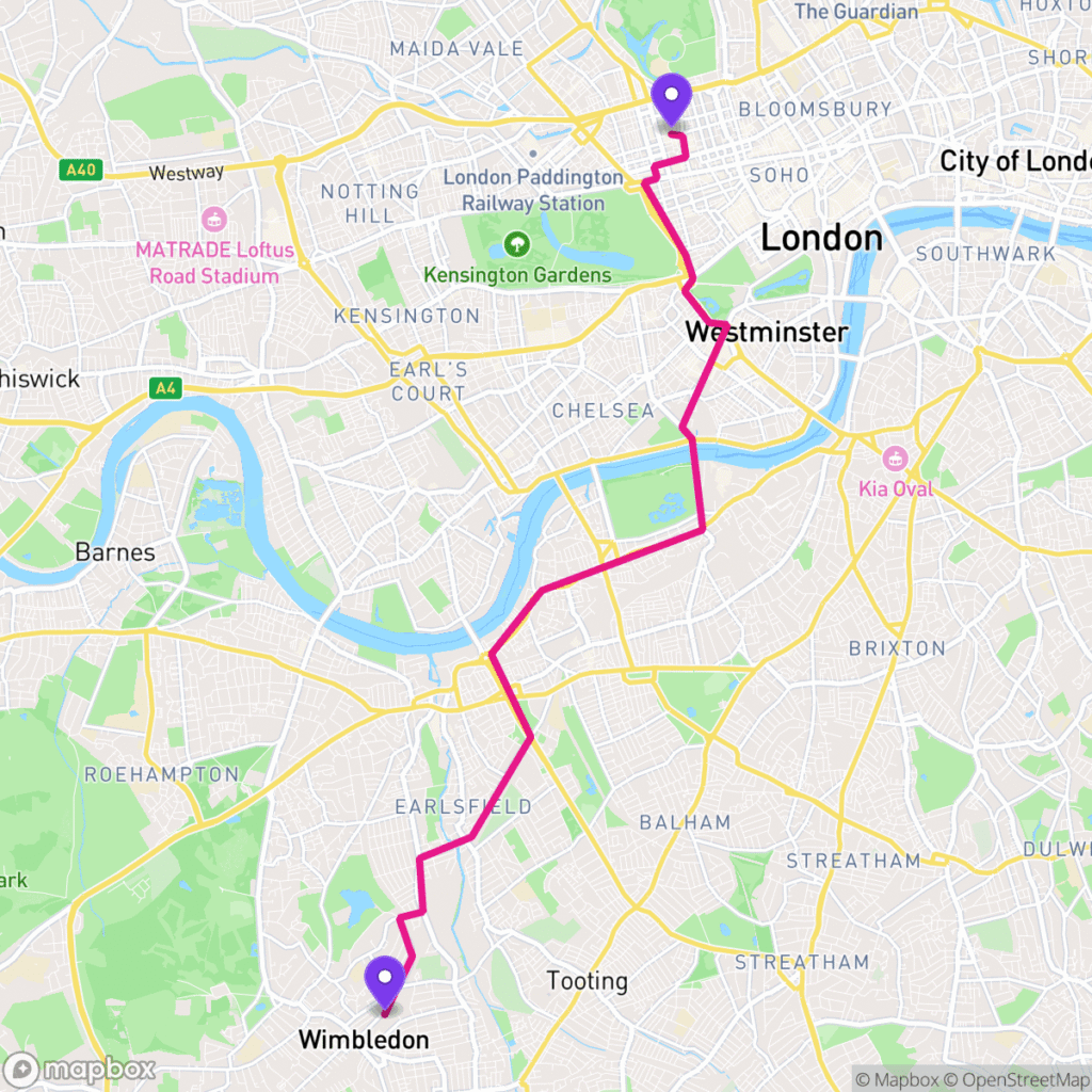 Map of the driving route from W1U to SW19